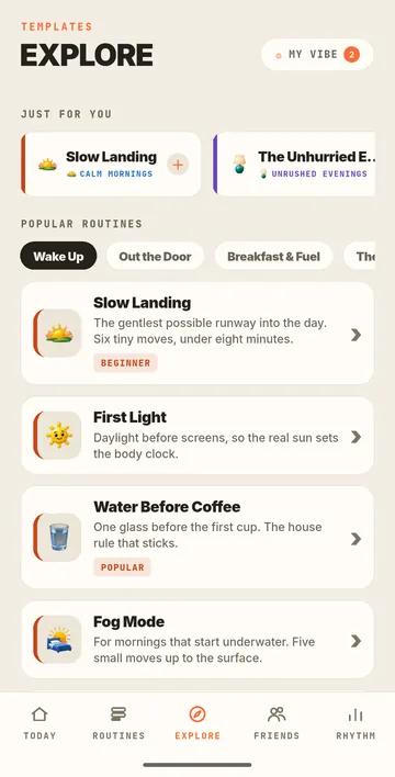 Compii's Explore screen: routines picked for you, popular routines and their descriptions.