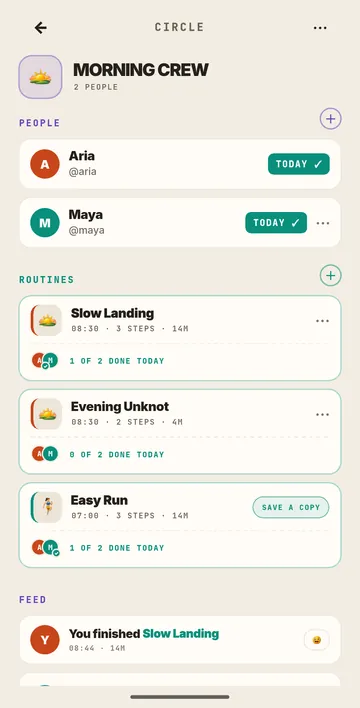 A circle in Compii: two friends, the routines they share and who is done today.