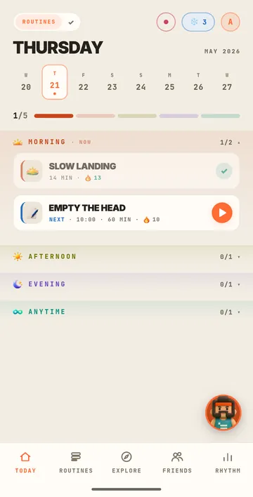 Compii's Today screen: a week strip, routines grouped into Morning, Afternoon, Evening and Anytime, and the next routine ready to play.